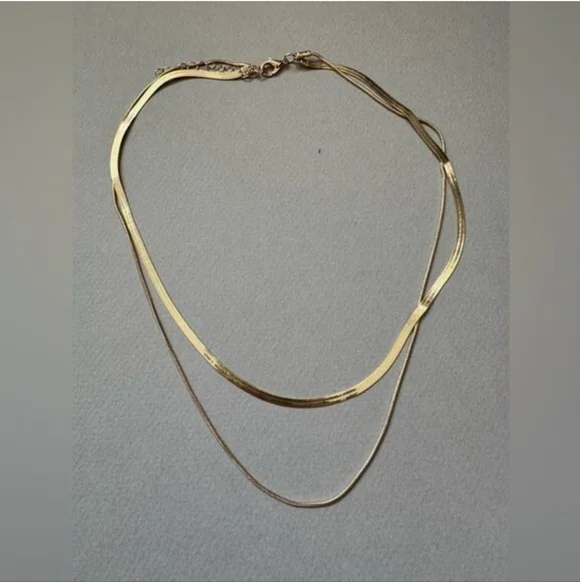 Anthropologie Layered Gold Herringbone Chain Necklace - Picture 2 of 3